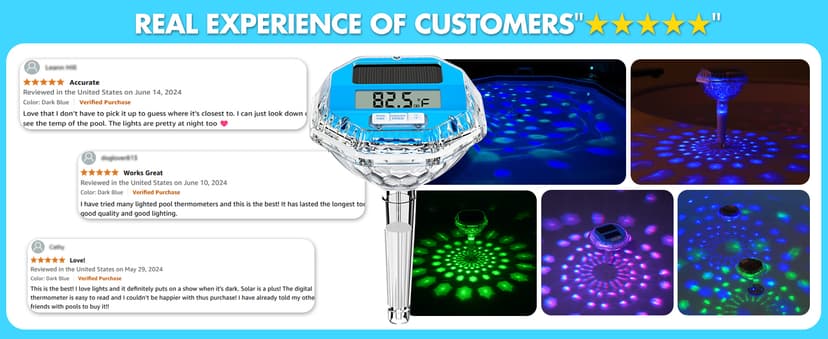 2025 Upgrade Digital Pool Thermometer Floating Easy Read, Solar Pool Thermometer with Dynamic Light Show, Large LCD Screen & IP68 Waterproof Pools Water Temperature Thermometers for Hot Tub