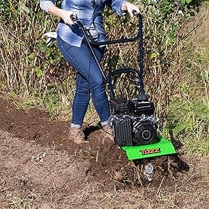 Tazz 35310 2-in-1 Front Tine Tiller/Cultivator, 79cc 4-Cycle Viper Engine, Gear Drive Transmission, Forged Steel Tines, Multiple Tilling Widths of 11”, 16” & 21”, Toolless Removable Side Shields,Green