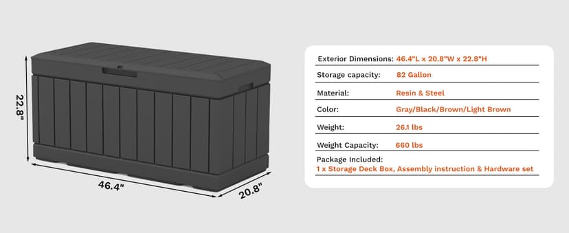 Patiowell 82 Gallon Resin Deck Box, Waterproof Large Wood Look Storage Box for Patio Furniture, Pool Accessories, Garden Tools and Sports Equipment, Lockable, Grey