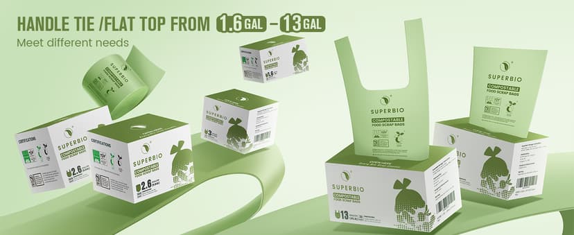 SUPERBIO 1.6 Gallon Handle Tie Compostable Food Scrap Bags For Counter Top Compost Bin, Small Compost Bags, 50 Count, 6 Liter, BPI & OK compost INDUSTRIAL Certified