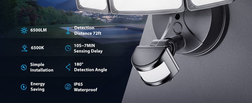 Onforu 65W LED Security Lights Motion Sensor Light Outdoor, 6500LM, 6500K, IP65 Waterproof, Flood Light Outdoor Motion Detector with Adjustable 3 Head, Hardwired Wall Light for Entryway, Yard, Garage