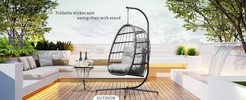 HWB Hanging Egg Chair with Stand, Patio Wicker Hammock Egg Swing Chair with Cushion for Bedroom Garden Indoor Outdoor (Grey)