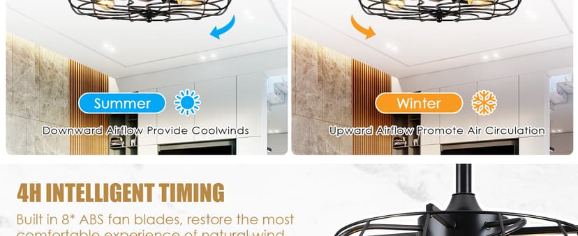 Asyko Caged Ceiling Fans with Lights - Black Outdoor Ceiling Fan with Remote and Reversible Fan Blades, Bladeless Low Profile Fan Light Fixtures for Indoor, Patios, Farmhouse(E26 Bulbs Not Included)