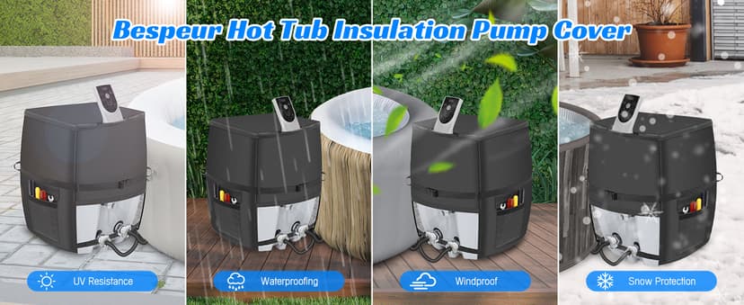 Hot Tub Spa Heater Pump Cover,Waterproof 600D Oxford Fabric Aluminum Film Insulated Cover,Inflatable Hot Tub Spa Heater Pump,Easy Installation with Zipper and Adhesive Straps,Black,Square