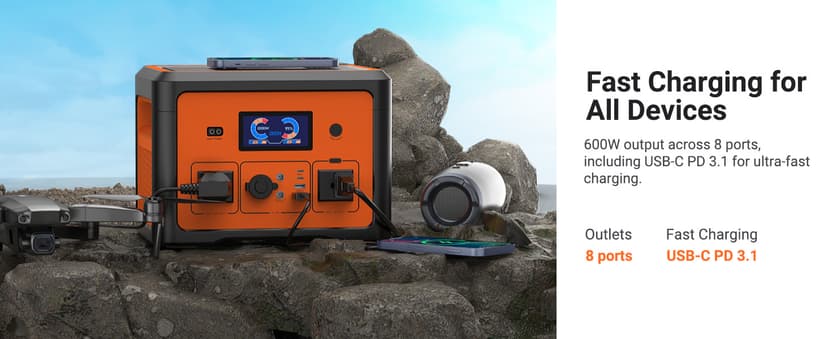 Portable Power Station 665.6Wh, Peak 1800W Solar Generator with UPS Battery Backup & Surge Protector, Portable Generator for Home Use, Camping, RV, CPAP, 10 Outlets with Bluetooth Speaker & LED Lights