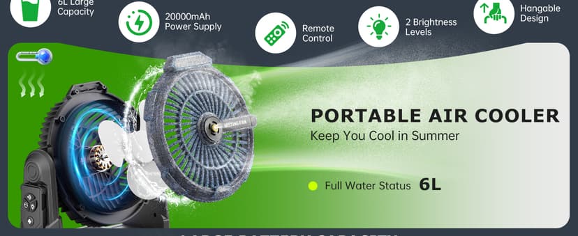 Misting Fan, 6L Bucket Portable Misting Fans with Remote, 20000mAh Rechargeable Battery Portable Fan for Outdoors Patios, Camping Fans 270° Adjustable, Hanging & Lighting for Outdoor Cooling