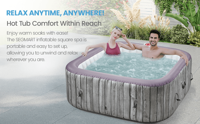 Inflatable Spa Set, Blow Up Hot Tub Outdoor for 4-6 Person, Outdoor Bubble Massage Portable Hot Tub with 130 Soothing Jets, Built in Heater Pump and 6 Filter Cartridges (Square)