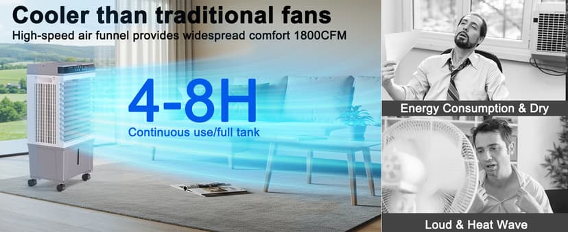 Swamp Cooler,1800CFM Portable Evaporative Air Cooler,Cooling Fan for Room Garage Patio,5.3 Gal Water Tank,3 Speeds,4 Ice Boxes,12H Timer,Remote