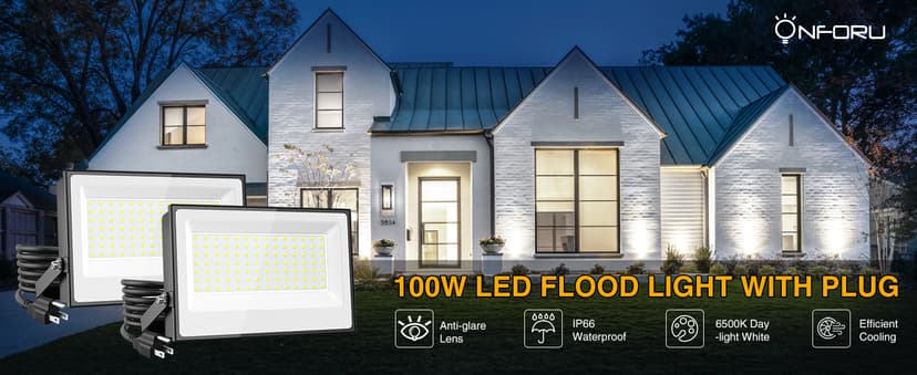 Onforu 100W Flood Lights Outdoor, 9000lm Bright LED Work Light with Plug, 6500K Daylight White LED Flood Lighting, IP66 Waterproof Security Yard Lights for Yard Garage Stadium 2 Pack