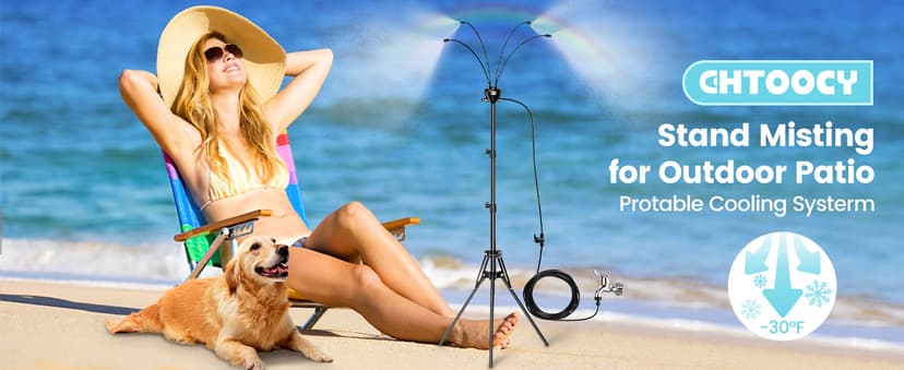 Standing Misters for Outside Patio - Adjustable 5.3FT Portable Misting System Cooling Outdoor 32.8Ft Stand Misting Long Water Line for Kids Mist Playing, Patio Cooling, Backyard, Porch, Sprinkler