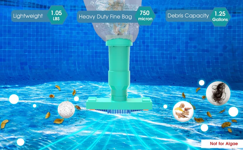 POOLWHALE Portable Pool Vacuum Jet Underwater Cleaner W/Brush,Bag,6 Section Pole of 56.5"(No Garden Hose Included),for Above Ground Pool,Spas,Ponds & Fountains