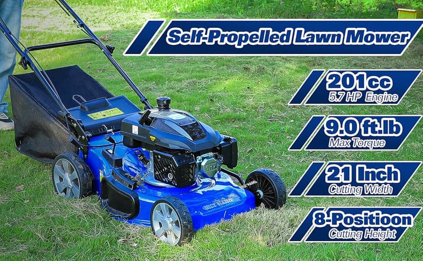 BILT HARD 21 Inch Self Propelled Lawn Mower, 3-in-1 Gas Lawnmower with 201cc 4-Cycle Engine, Bagging, Mulching and Side Discharge, Adjustable 8-Positions Cutting Height, Easy Start