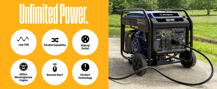 Westinghouse 10000 Peak Watt Portable Open Frame Inverter Generator, Remote Electric Start with Auto Choke, Transfer Switch Ready, Gas Powered, CO Sensor