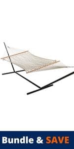 Castaway Living 13 ft. Double Traditional Hand Woven Navy Polyester Rope Hammock with Free Extension Chains, and Tree Hook, for 2 People with a Weight Capacity of 450 lbs.