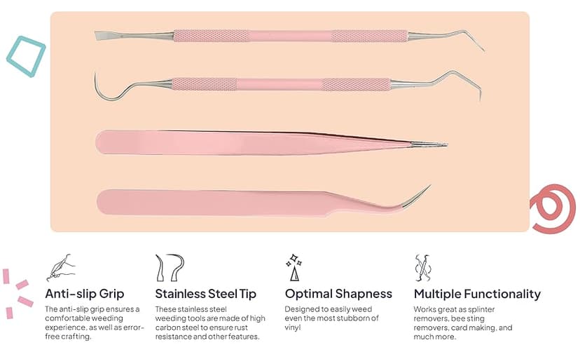 Premium Vinyl Weeding Tool Kit - Precision Stainless Steel Weeder - Hook and Pick with Fine Tweezers Crafting Set - by iVyne