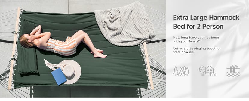 SUNCREAT Double Hammock for 2 Person, Extra Large Outdoor Portable Hammock with Hardwood Spreader Bar, Soft Pillow, 475 lbs Capacity, Gray Green