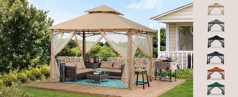 ABCCANOPY Gazebos for Patios 10x10 - Outdoor Steel Frame Gazebo with Mosquito Netting for Lawn Backyard Garden Deck (Khaki)