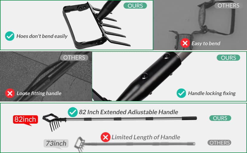 Suchtale 82 Inch Stirrup Hoe and 5-Tines Rake, Action Hoe for Weeding, 2 in 1 Scuffle Hoe with 37-82"Adjustable Handle, Hula Hoe Cultivator for Loosening Soil, Loop Hoe for Garden Weeding and Planting