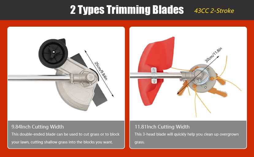 Weed Eater Gas Powered Weed Gas Edger 43CC 2 Blade Heads, Air-Cooled 2-Stroke Cordless Lawn Edger Gas Powered Weed String Trimmer with Handle & Shoulder Strap for Garden Lawn Grass Trimmer