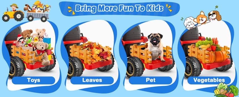 24V Ride On Tractor w/Tiltable & Detachable Trailer, 2x65W Motors, EVA Tires, Remote Control, Bluetooth, Shifter, Music, Electric Car for Kids Ages 2-5, Red