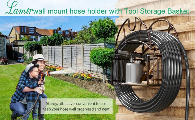 Lamir Heavy Duty Metal Garden Hose Reel with Tool Storage Basket, Wall Mount for Outer Yards and Garden Lawns