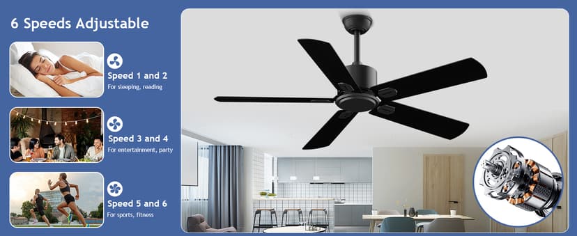 52 Inch Ceiling Fan No Light - Outdoor Indoor Flush Mount Low Profile DC Motor Fan with Remote, 5 Blades Reversible Silent Fan for Patio, Bedroom, Living Room, Garage