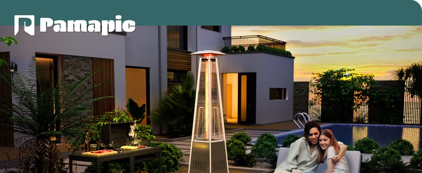 Pamapic Patio Heater, 48,000 BTU Pyramid Flame Patio Outdoor Heater with Cover, Quartz Glass Tube Stainless Steel Propane Heater with Wheels (Stainless Steel Color)