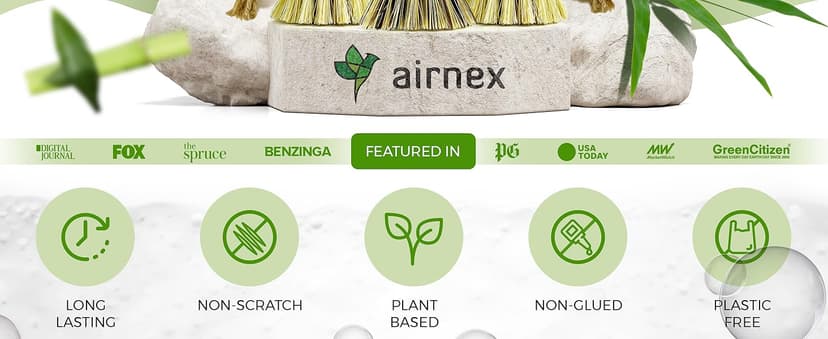 Bamboo Dish Brush Set of 3, 100% Plant-Based Kitchen Dish Brush Bamboo with Sisal and Coconut Bristles, 2 Brush Types, No Scratch Wood Sish Scrub Brush for Dishes, Quick-Drying, Odor Free