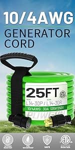 75Feet 30 Amp Generator Extension Cord 4 Prong,Heavy Duty NEMA L14-30P/L14-30R,125/250V 7500W,Green 10 Gauge STW Twist Locking Generator to House Power Cords with Cord Organizer,ETL Listed