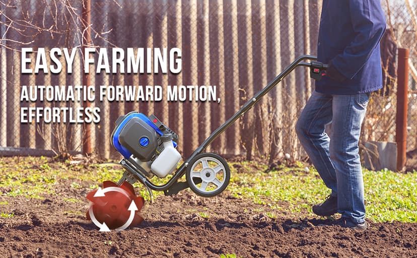 Garden Tiller 53cc Mini Cultivator 15 inch Powerful Liftable Booster Rod Tilling Tool for Lawn, Garden and Field Soil Cultivation