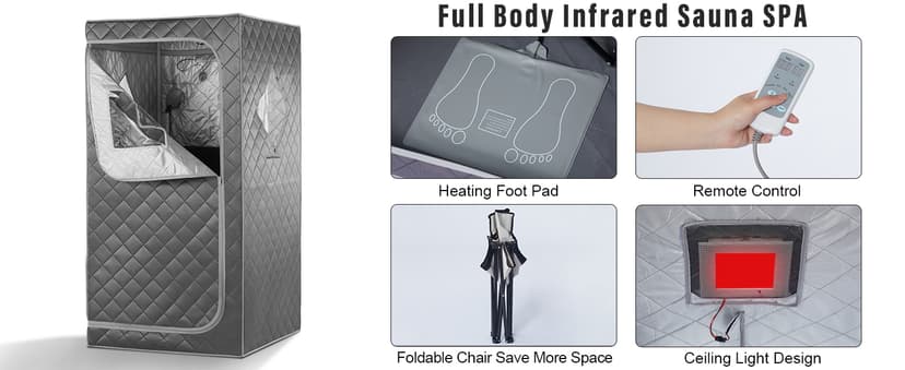 Full Size Portable Personal Infrared Sauna for Home, Personal Home Spa Tent with Remote Control, Heating Foot Pad, Foldable Reinforced Chair (Grey, L33.8 x W 33.8" x H 66.5"