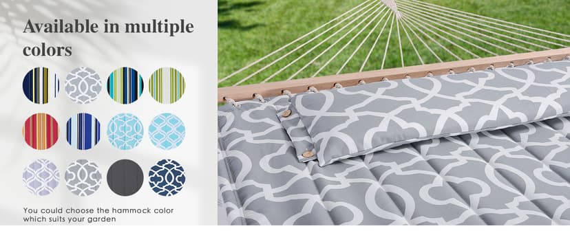 SUNCREAT Double Quilted Hammock with Hardwood Spreader Bar, Extra Large Soft Pillow, Heavy Duty 2 Person Hammock for Indoor, Outdoor, Grey Pattern