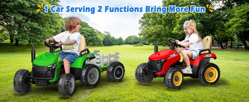 24V Ride On Tractor w/Tiltable & Detachable Trailer, 2x65W Motors, EVA Tires, Remote Control, Bluetooth, Shifter, Music, Electric Car for Kids Ages 2-5, Red