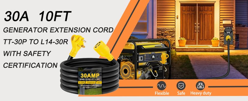 10ft Generator Transfer Switch Adapter Cord NEMA TT-30P to L14-30R, 3 Prong 30 Amp RV Generator TT-30 Male Plug to 4 Prong 30 Amp Inlet Box L14-30 Female Connector, STW 10AWG/3C, ETL Listed