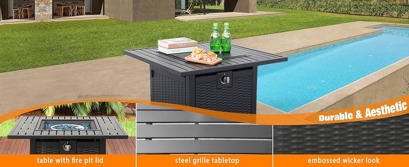 30 Inch Fire Tables 50000 BTU Outdoor Fire Pits for Outside Steel Gas Fire Table with Fire Pit Lid Grille Tabletop and Waterproof Cover and Blue Crystal Beads