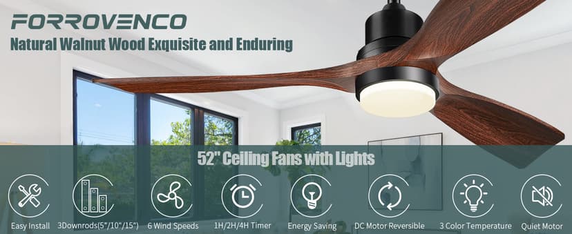 Ceiling Fans with Lights and Remote, 52 Inch Outdoor Ceiling Fan for Patios with Light 3 Downrods, 3 Blades Modern Ceiling Fan Noiseless Reversible DC Motor, Wood Fan for Farmhouse