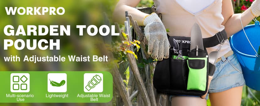 WORKPRO Garden Tool Belt, 5-Pocket Single Side Gardening Tool Pouch with Adjustable Waist Strap, Utility Garden Waist Bag for Women, Ideal for Gardening, Carpentry, and DIY Projects