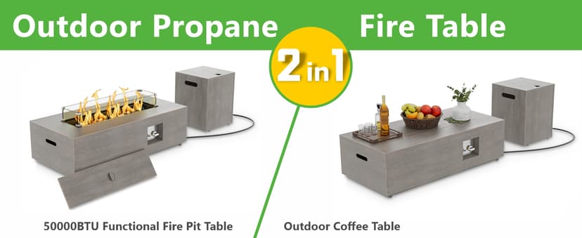 42" Rectangular Propane Fire Pit – 50,000 BTU Fire Table with Wind Guard Glass, Lid, Rocks and Cover – Backyard Fire Pits Outdoor – Propane Gas Fireplace for Deck or Patio (Grey, 42" Standard)