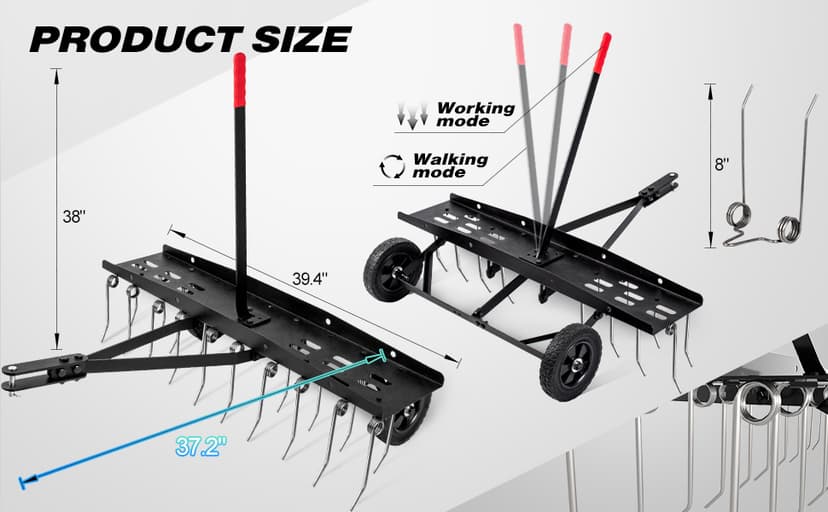 Suchtale 40inch Tow Behind Dethatcher with 20 Spring Steel Tines,Lawn Sweeper Garden Grass Tractor Rake Removes Thatch from Large Lawns, Riding Lawn Mower Attachments for Outdoor Yard Tools Lawn Care