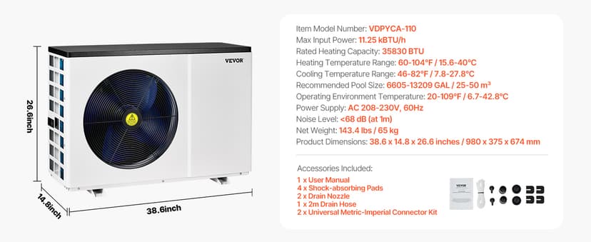 VEVOR Electric Pool Heat Pump, 35830 BTU, Pool Heaters for 6605-13209GAL Above and In Ground Pools, Low Noise, Heating and Cooling Highly Efficient & Energy-Saving Pool Water Heater AC208-230V 60Hz