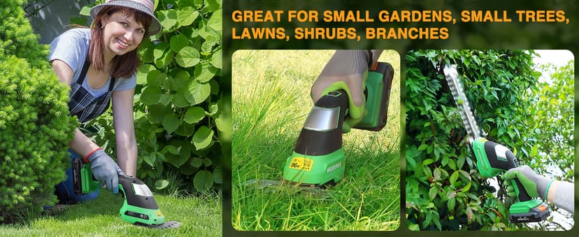 WORKPROX 20V Cordless Grass Shear & Shrubbery Trimmer - 2-in-1 Handheld Electric Grass Trimmer Hedge Shears/Grass Cutter, Rechargeable Lithium-Ion Battery and Type-C Cable Included