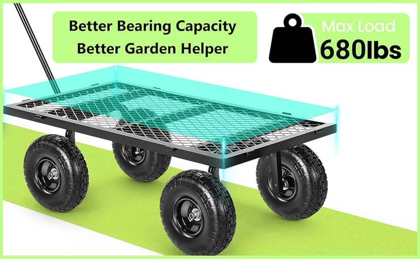 Homdox Steel Garden Cart 680 lbs Capacity Heavy Duty Garden Wagons,with Removable Steel Mesh Sides to Convert into Flatbed,Utility Metal Wagon w/ 180°Rotating Handle (Black, 680lbs)
