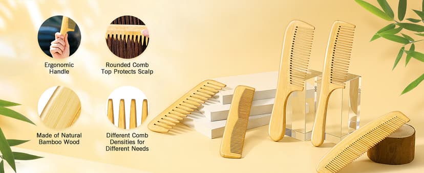 SALONSILK 5PCS Wooden Hair Comb Set, Bamboo Wide Tooth Fine Tooth Combs for Women and Men, Natural Wood Beard Styling Curly Detangling Set for Thick & Thin Hair