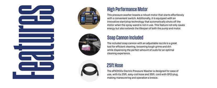 Westinghouse ePX3100v Electric Pressure Washer, 2100 Max PSI 1.76 Max GPM, Built-in Carry Handle, Detachable Foam Cannon, Pro-Style Steel Wand, 4-Nozzle Set, for Cars/Fences/Driveways/Home/Patios