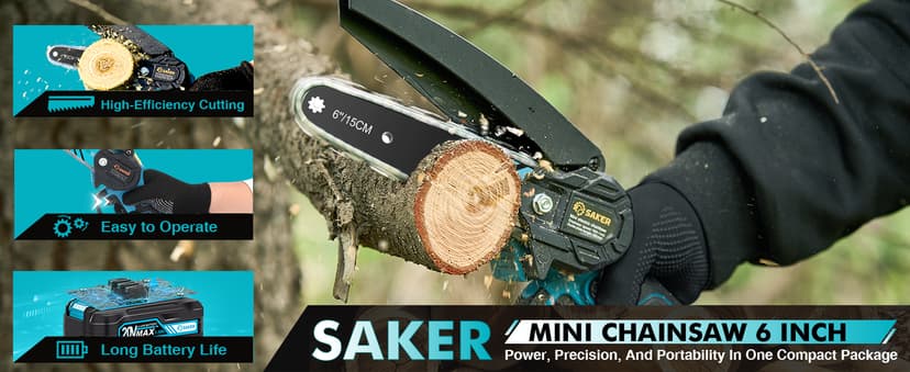 Saker Mini Chainsaw,6 Inch Portable Electric Chainsaw Cordless, Small Handheld Chain saw for Tree Branches,Courtyard, Household and Garden,By 2PCS 20V 1500mAh Batteries,Extra 3 PCS Chain