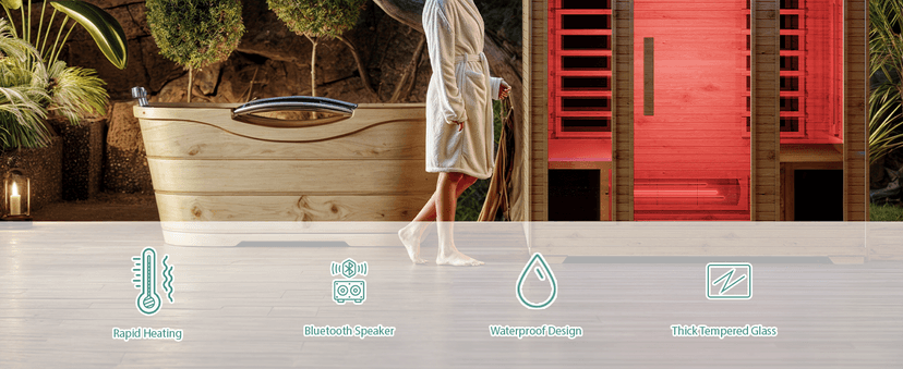 4 Person Outdoor Infrared Sauna - 3D Fast Heating Home Spa Sauna w/Chromotherapy Light, Wooden Sauna Room Kit w/Bluetooth Speaker (CE Certified,220V)