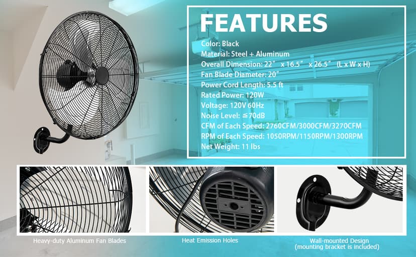 Tangkula 20 Inch Wall Mount Fan with Aluminum Fan Blades, Industrial 3-Speed Oscillating Metal Wall Fan, Heavy Duty Wall Mount Fan for Shop, Commercial, Garage, Warehouse, Workshops & Factory