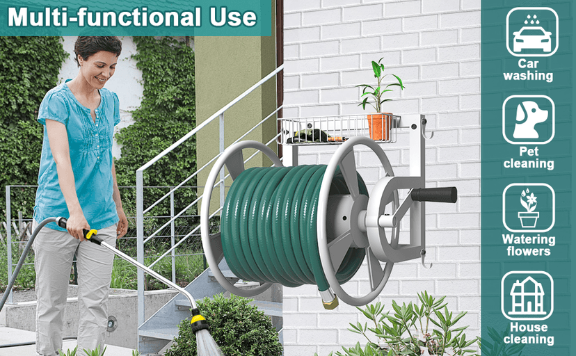 Outdoor Wall Mounted Hose Reel with Hook, Garden Heavy-Duty Water Hose Holder Winder with 3.9 ft Leader Hose, Brass Fitting and Storage Basket for Yard, Holds 125 Ft of 5/8-Inch Hose, White