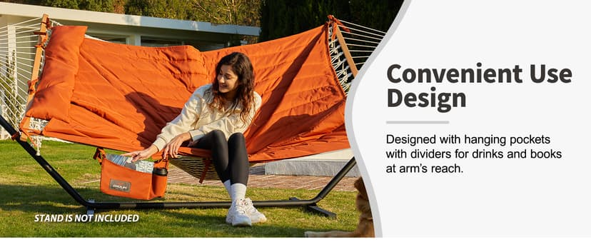 Outdoor Double Hammock with Hardwood Spreader Bars, Cotton Rope Hammock with Polyester Pad and Pillow, 475 LBS Capacity 2 Person Hammock, Large Hammock for Patio Backyard Poolside - Terracotta