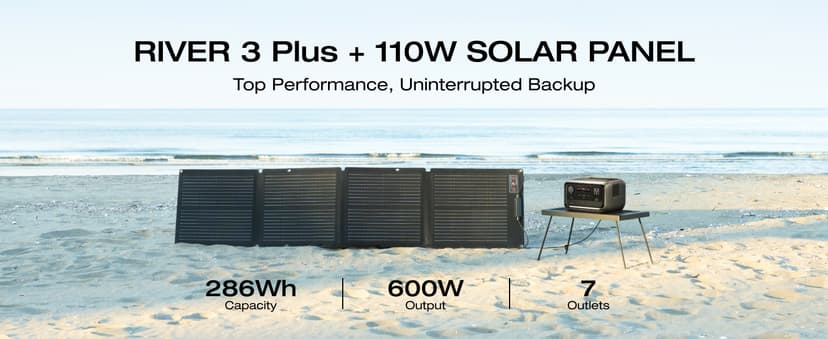 EF ECOFLOW Solar Generator RIVER 3 Plus with 110W Solar Panel, 286Wh Portable Power Station LiFePO4 Battery, 3 Up to 1200W AC Outlets, <10 MS UPS, Expandable to 858Wh, <30 dB Quiet, 1Hr Fast AC Charge